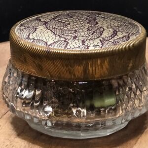 Vintage Cut Crystal Vanity Jar Brass Lace Lid Small Gold Purple Trinket Box